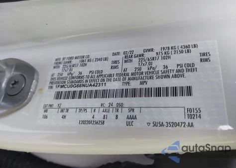 2022 Ford Escape Se from USA, damaged, VIN 1FMCU0G66NUA42311